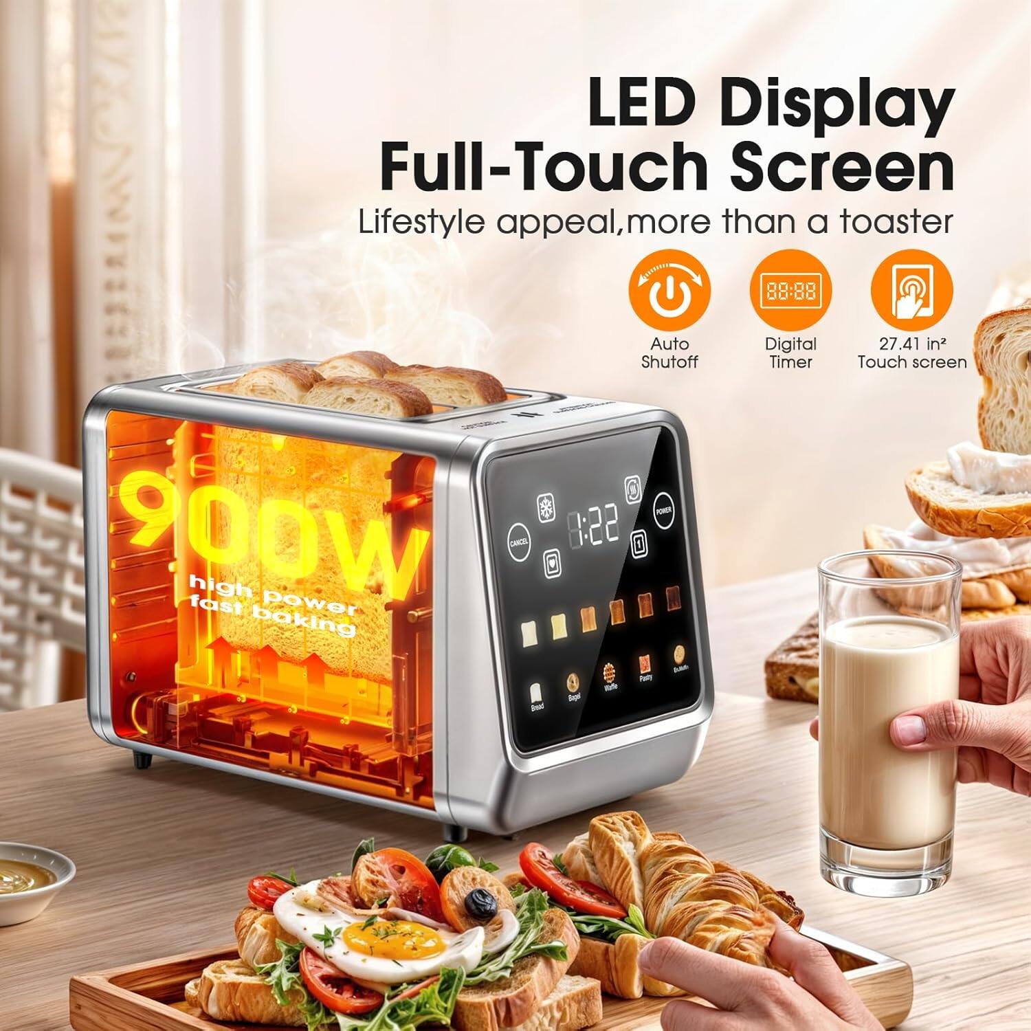 Digital Toaster Bread Toaster With Screen Teendow 900W Stainless