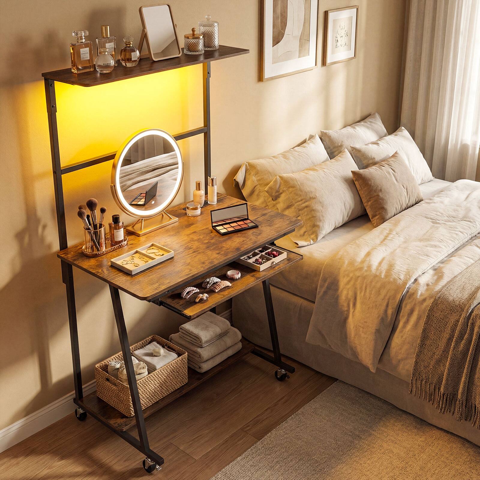 Alt View 1. Costway - Costway Rolling Office Desk with Charging Station Lights Hutch Keyboard Tray Bottom Shelf - Rustic Brown.