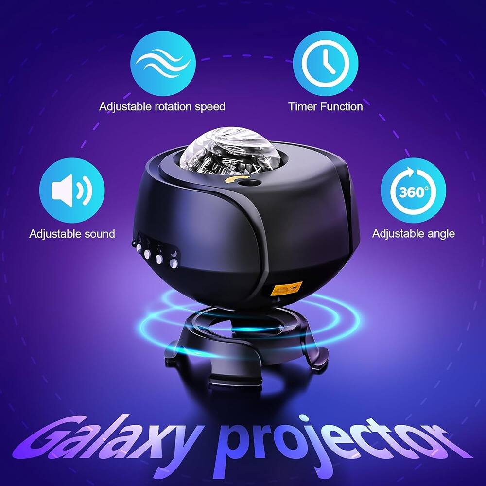 - Adjustable rotation speed
- Timer Function
- Adjustable sound
- Adjustable angle
- 360°
- Galaxy projector