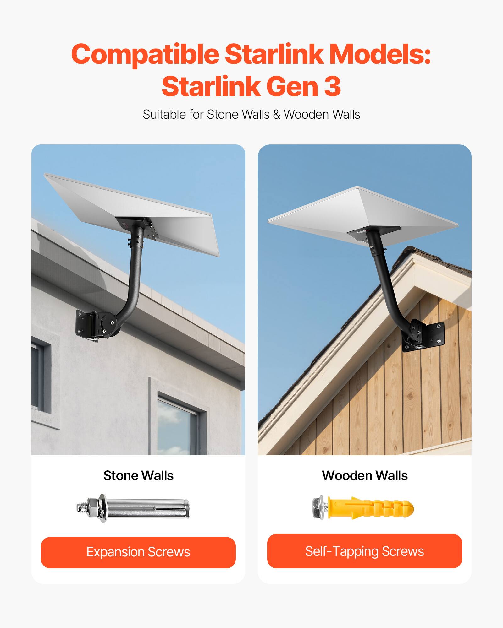 Compatible Starlink Models: Starlink Gen 3 Suitable for Stone Walls & Wooden Walls
Stone Walls
Wooden Walls
Expansion Screws
Self-Tapping Screws