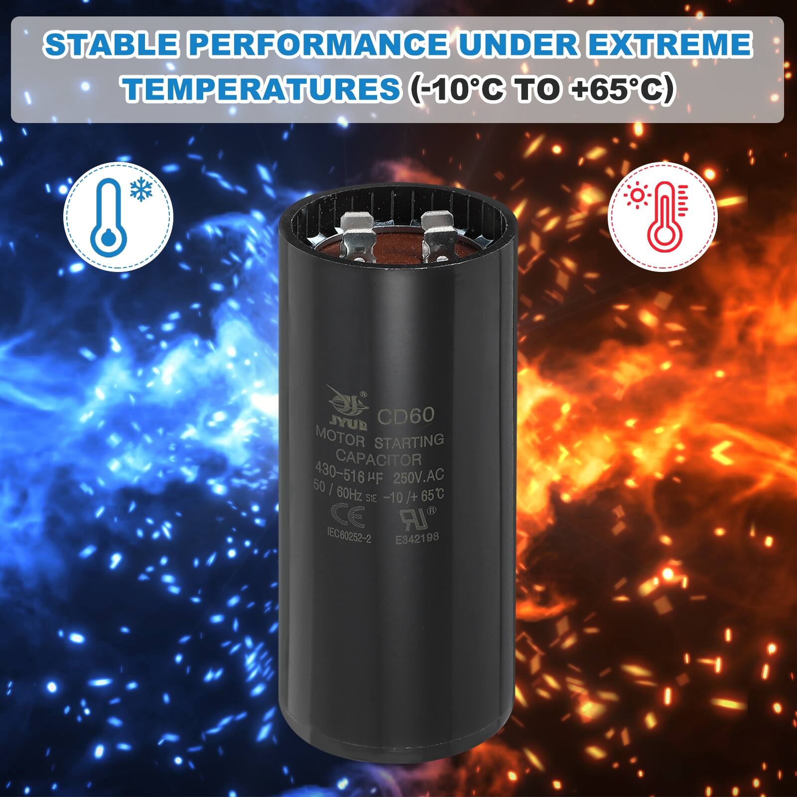STABLE PERFORMANCE UNDER EXTREME TEMPERATURES (-10°C TO +65°C)

SYL CD60 MOTOR STARTING CAPACITOR 50-430-516 µF 250V AC I ZH09 65C SE -10 /+ CE IR EC80252-2 E342198