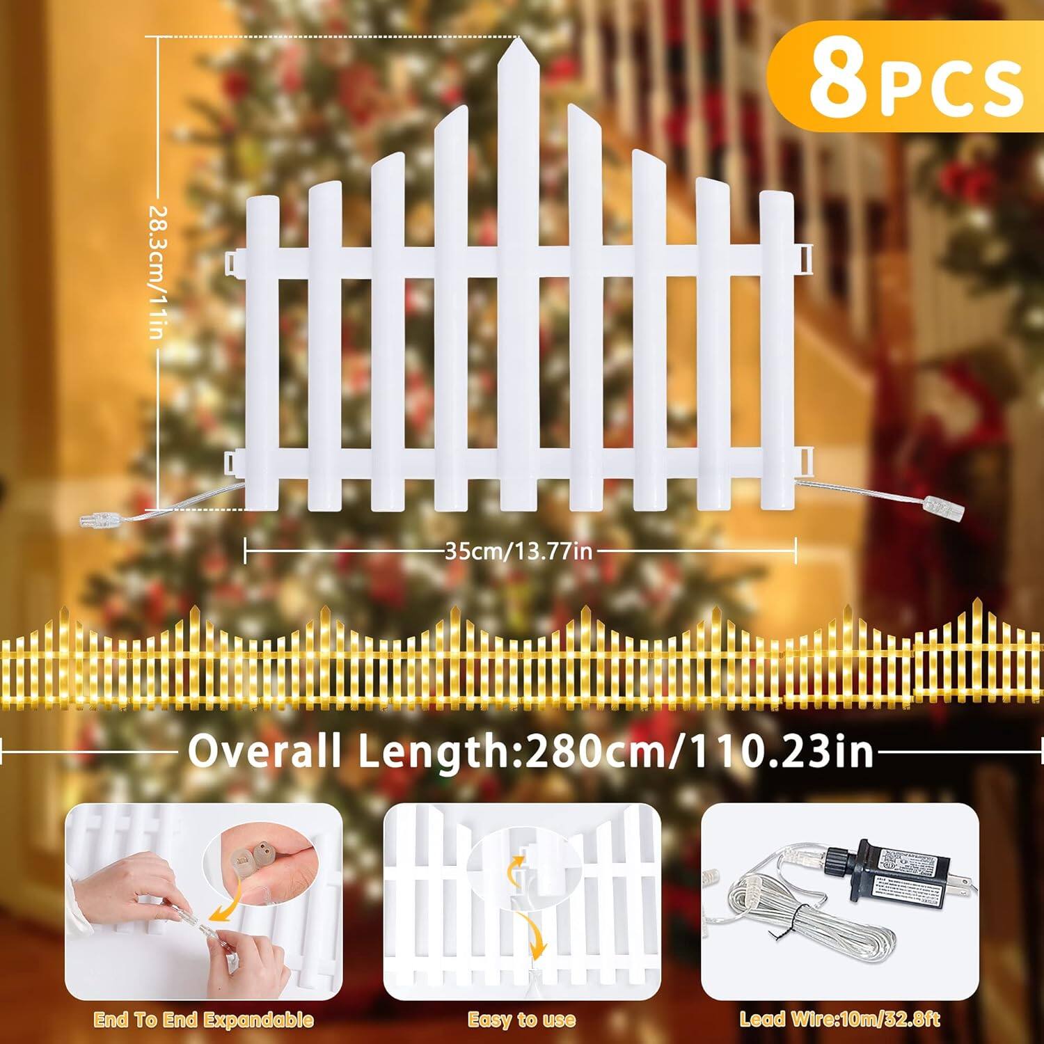 28.3cm/11in  
8PCS  
35cm/13.77in  
Overall Length: 280cm/110.23in  
End to End Expandable  
Easy to use  
Lead Wire: 10m/32.8ft