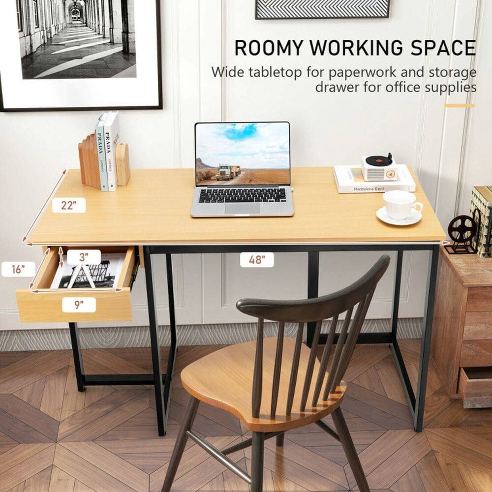 ROOMY WORKING SPACE  
Wide tabletop for paperwork and storage drawer for office supplies  

ADA PRADA Madlalena Derti  
22" x 16" x 3"  
48" x 9"