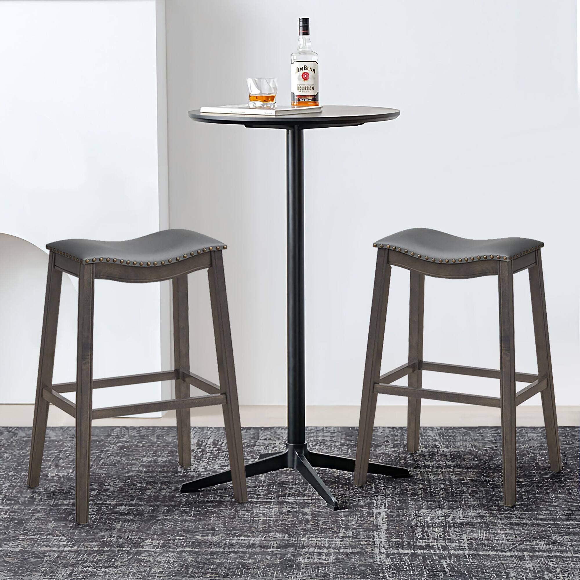 Alt View 3. Gymax - Gymax Set of 2 Saddle Bar Stools Bar Height Kitchen Chairs w/ Rubber Wood Legs Brown - Grey.