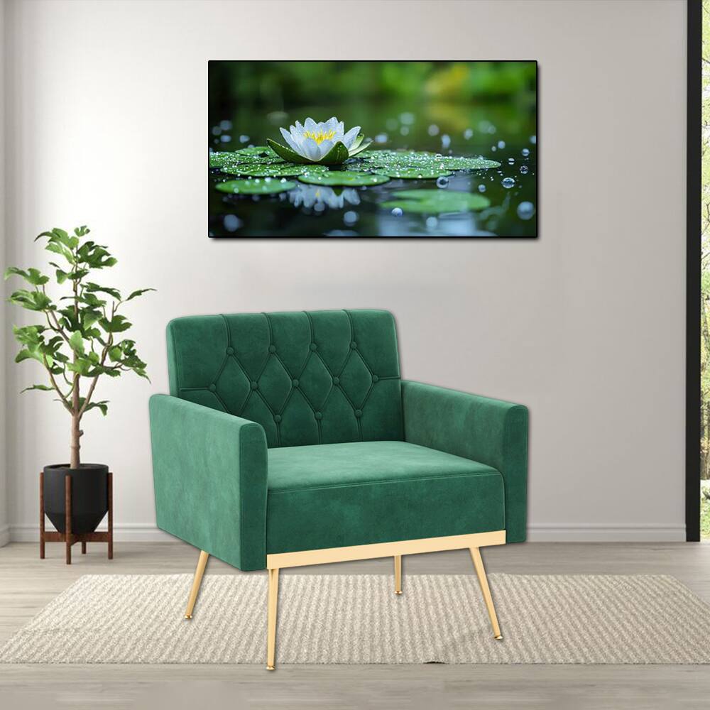 Front. Hivvago - Velvet Armchair with Tufted Backrest, Gold-Finished Legs, and Adjustable Foot Supports - Turquoise.