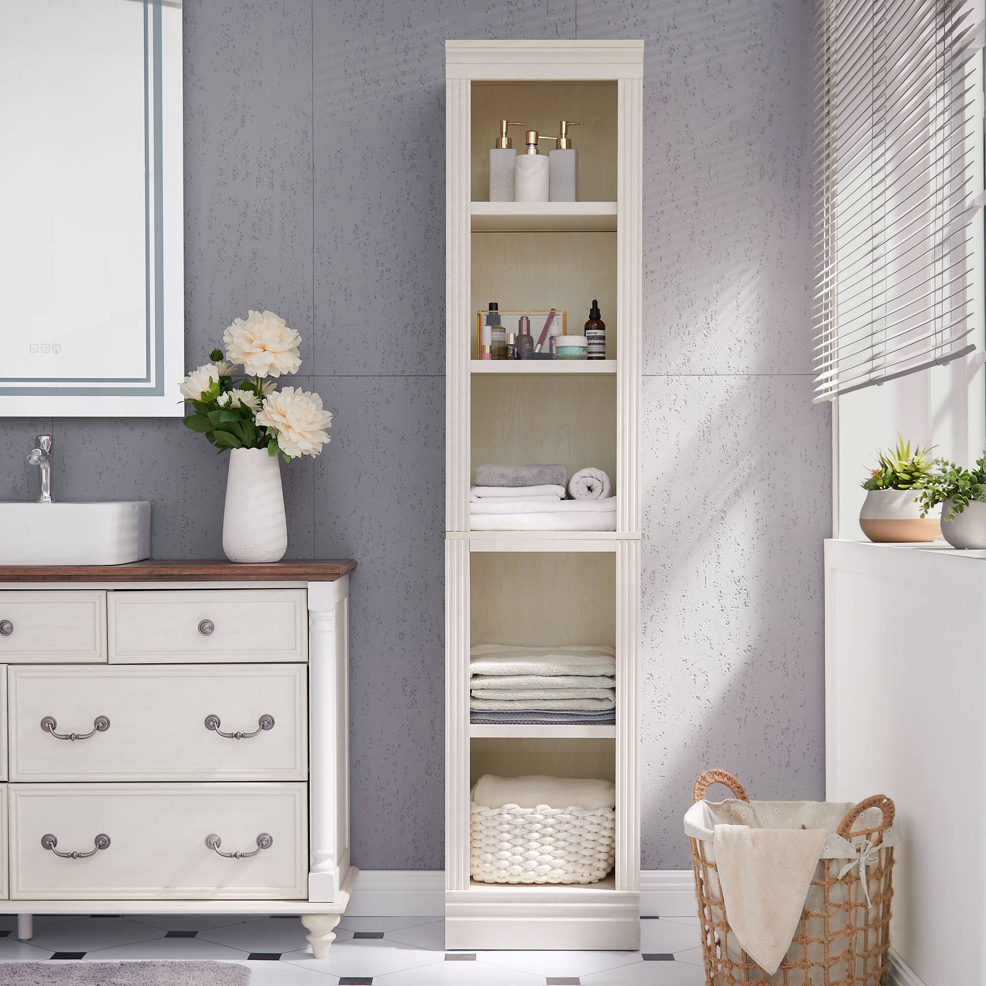 Angle. VAUXHILL & CO. - VAUXHILL & CO. Halston Narrow Bookcase, Adjustable Storage Shelving Unit, Cream - Cream.