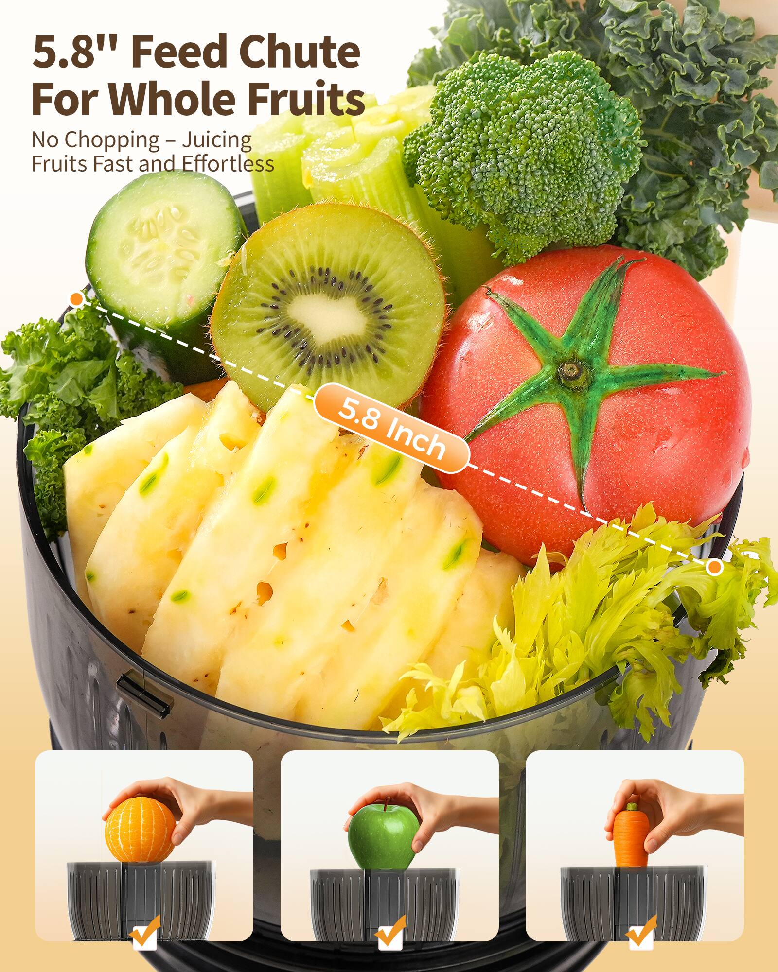 5.8" Feed Chute For Whole Fruits  
No Chopping - Juicing Fruits Fast and Effortless  

5.8 Inch