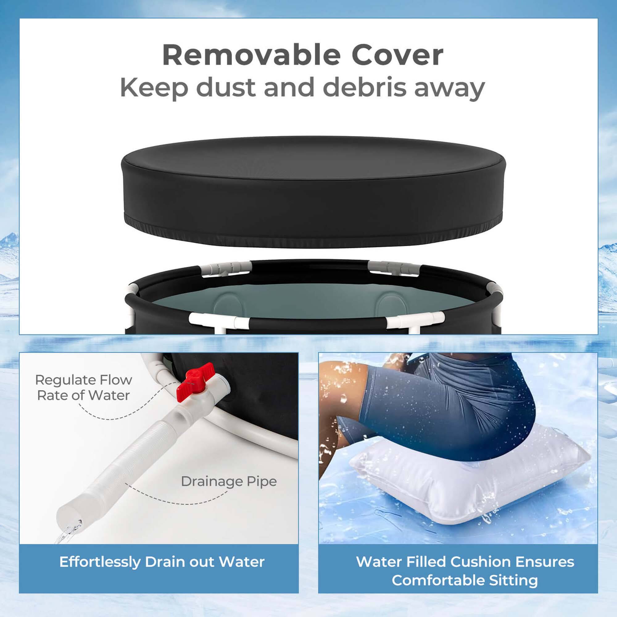 Removable Cover: Keep dust and debris away. Regulate Flow Rate of Water: Drainage Pipe: Effortlessly Drain out Water. Water Filled Cushion: Ensures Comfortable Sitting.