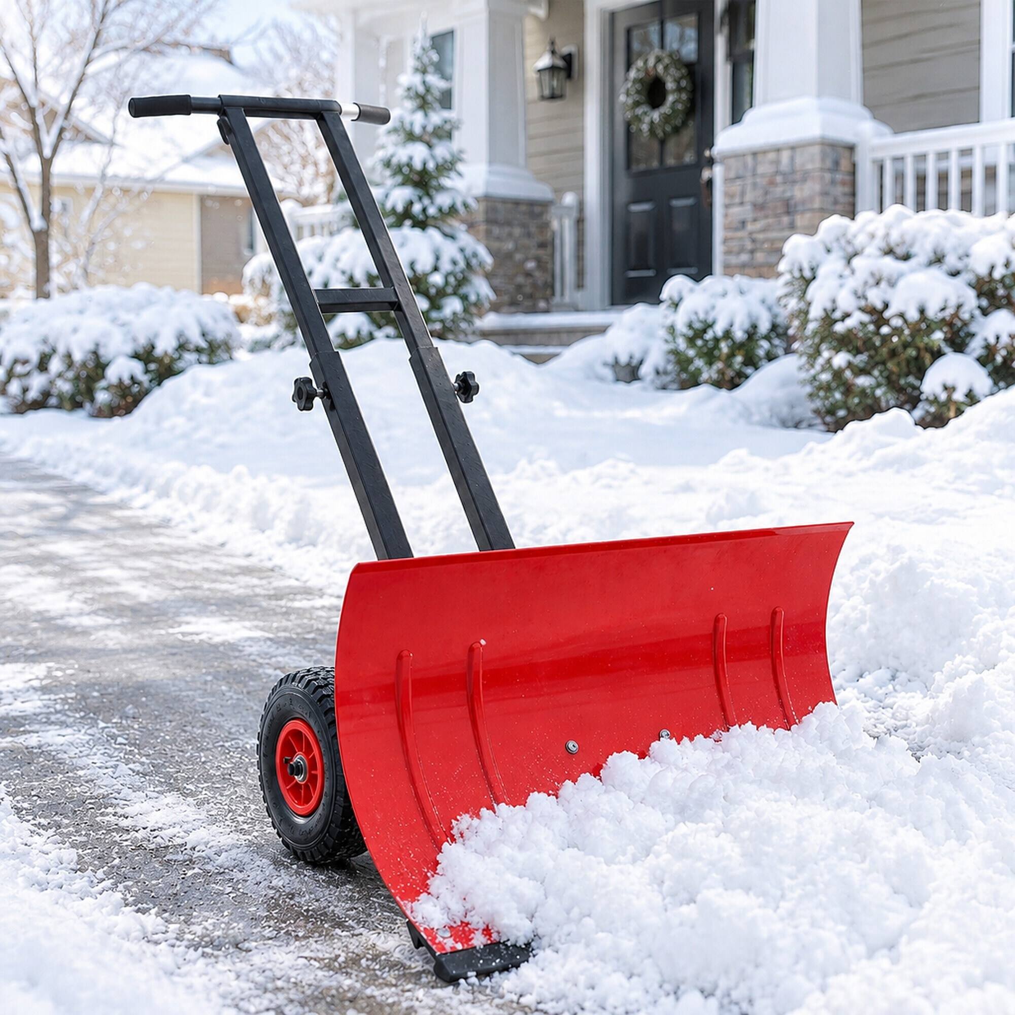 Alt View 1. RYHNUYNE - Dual Bar Snow Shovel with Wheels, 29 in Blade, 10 in Rubber Wheels, Adjustable Handle, Snow Pusher - Black+Red.