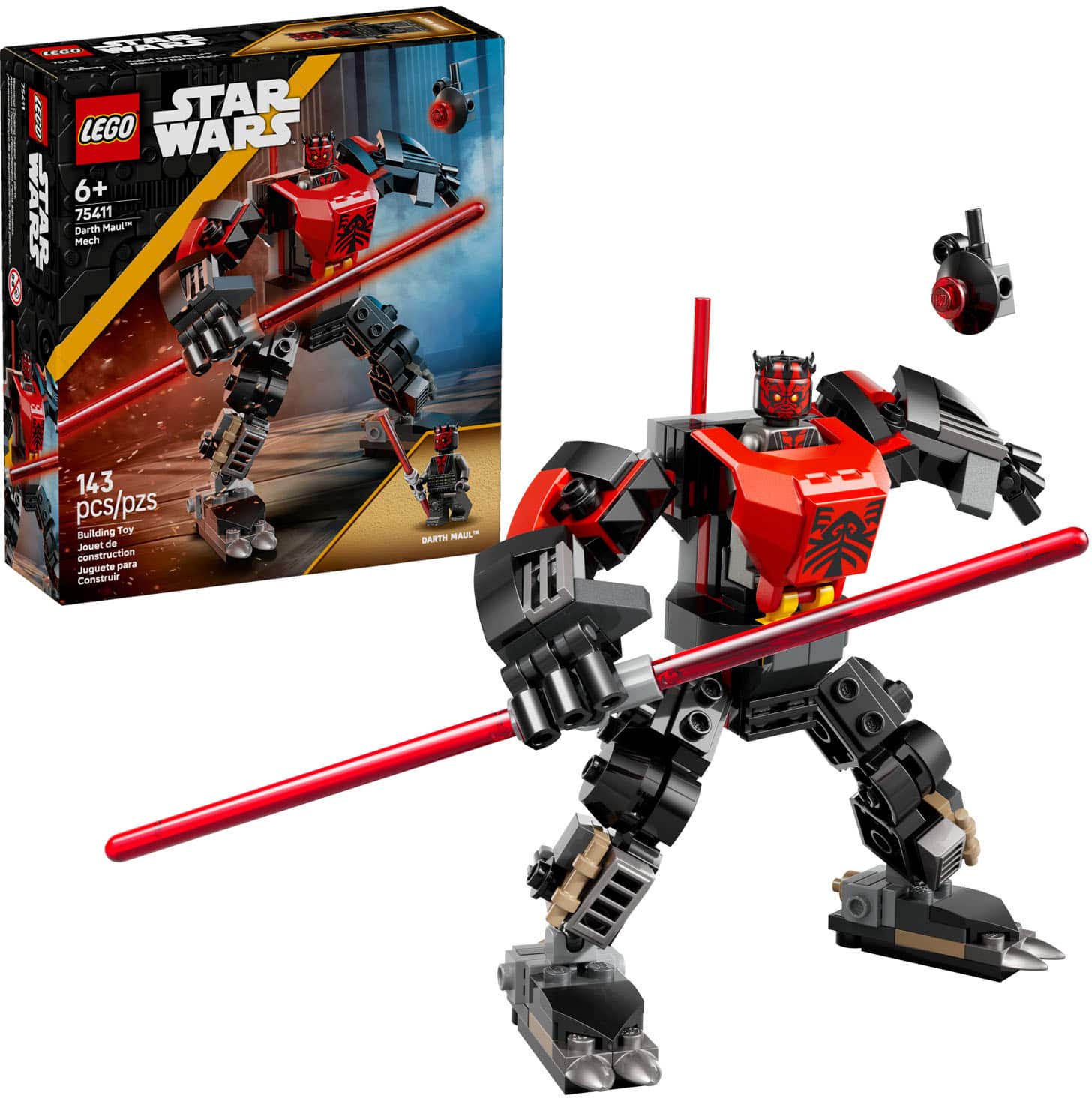 The text on the image is:
"LEGO Star Wars Darth Mech 75411, 6+ 143 pcs/pzs Building Toy for Construction, Juego de Construcción, Juguet de Construir, DARTH MAUL."
Corrected and grouped text:
"LEGO Star Wars Darth Mech 75411, 6+ 143 pcs/pzs. Building Toy for Construction, Juego de Construcción, Juguet de Construir, DARTH MAUL."
