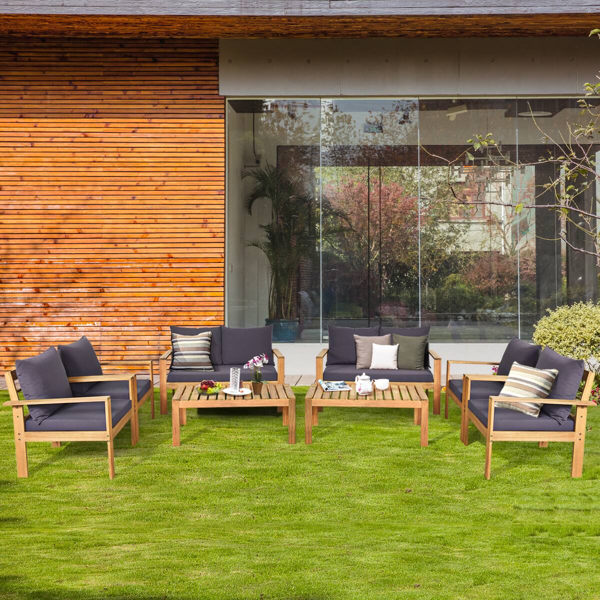 Alt View 1. Costway - Costway 8PCS Patio Furniture Set Acacia Wood Thick Cushion Loveseat Sofa Garden - Gray.