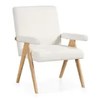 Costway 1 PCS Mid-Century Modern Accent Chair with Solid Rubber Wood Frame and Padded Armrests - Beige + Natural - Front_Zoom