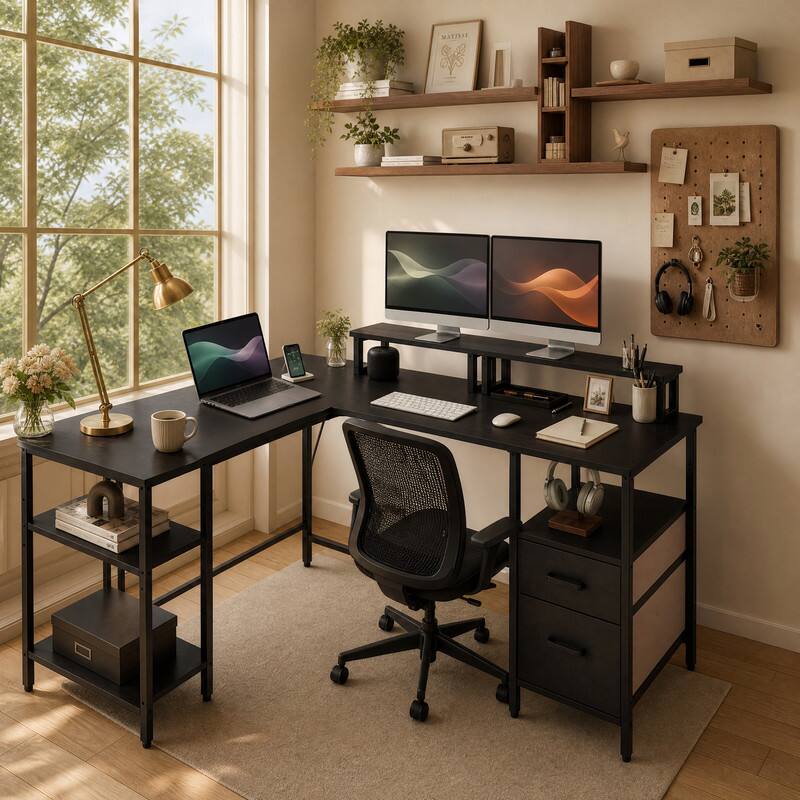 Angle. WELLFOR - Reversible L Shaped Desk with Power Outlet & 2 Fabric Drawers， Computer Desk with Open Shelf for Home Office - Black.