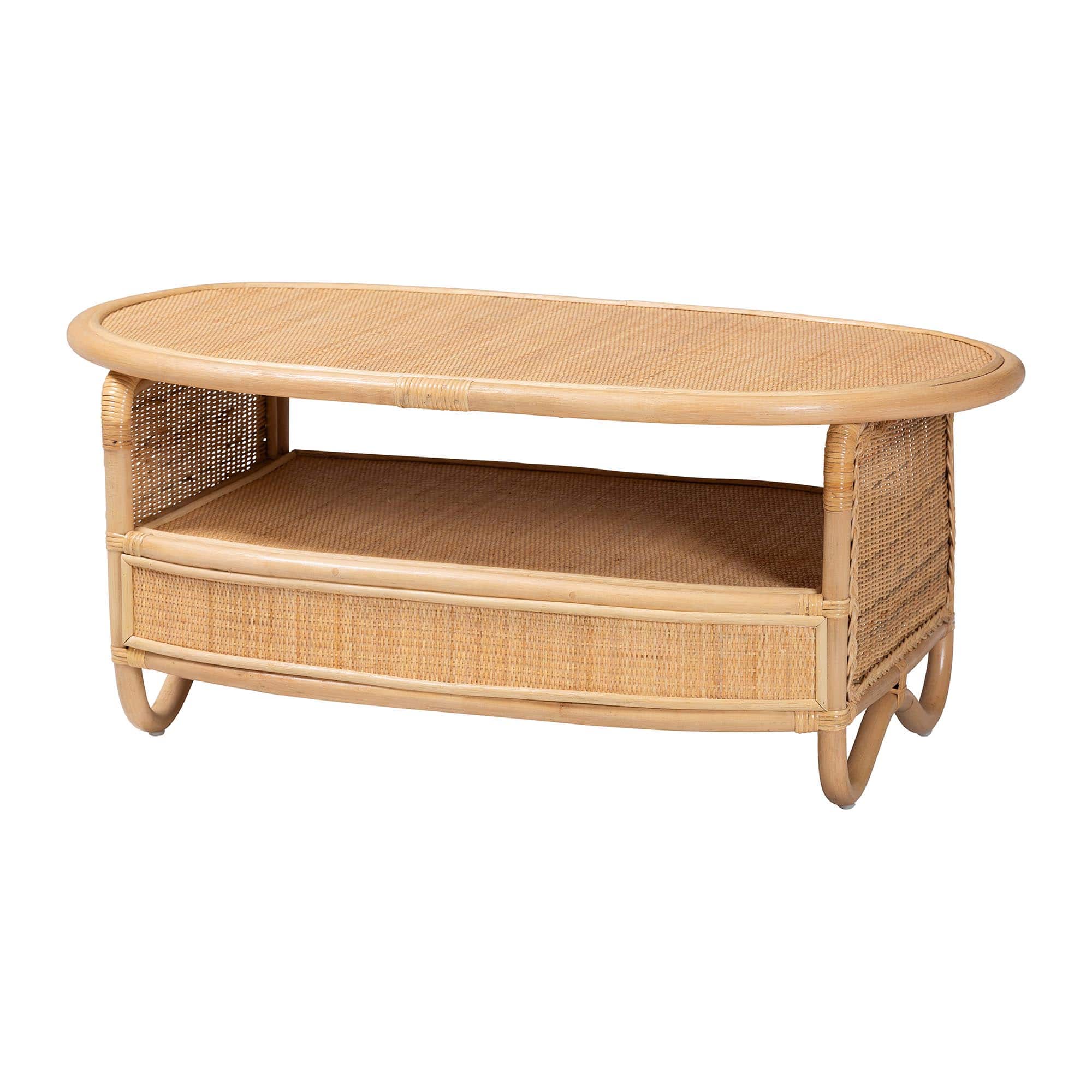 bali & pari - Dyna Rattan Coffee Table with Open Shelf - Handwoven Wicker Accent Table with Oval Tabletop - Natural
