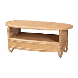bali & pari - Dyna Rattan Coffee Table with Open Shelf - Handwoven Wicker Accent Table with Oval Tabletop - Natural