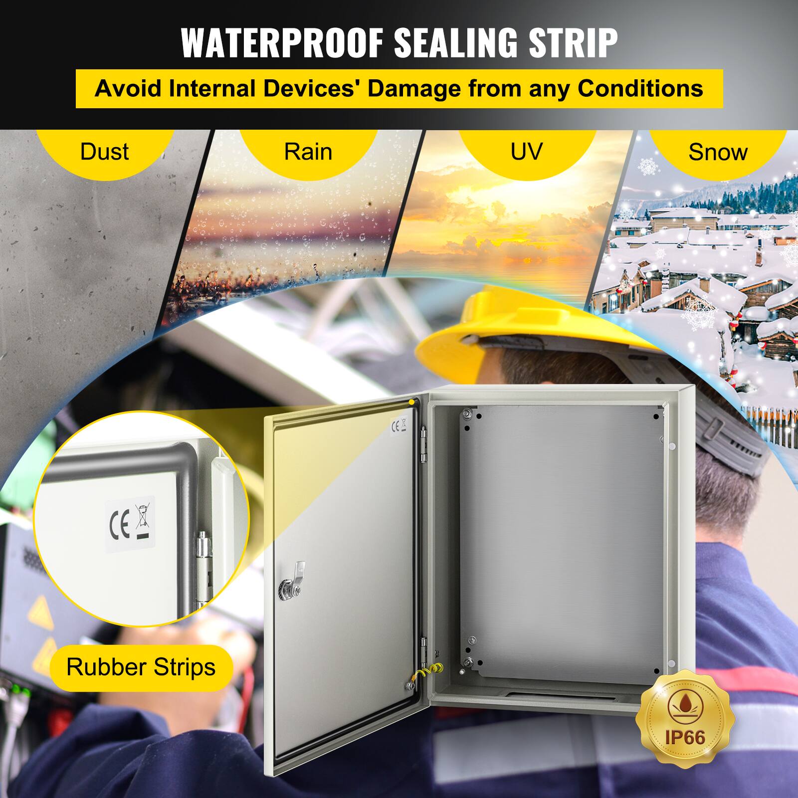 WATERPROOF SEALING STRIP  
Avoid Internal Devices' Damage from any Conditions  
Dust  
Rain  
UV  
Snow  
CE  
Rubber Strips  
IP66