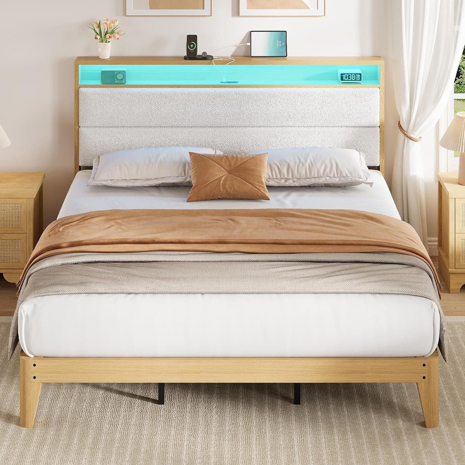 Homhougo - King Size Boucle Upholstered Bed Frame with LED Lighting & USB Ports, 2-Tier Storage Shelves, Easy Assembly - White