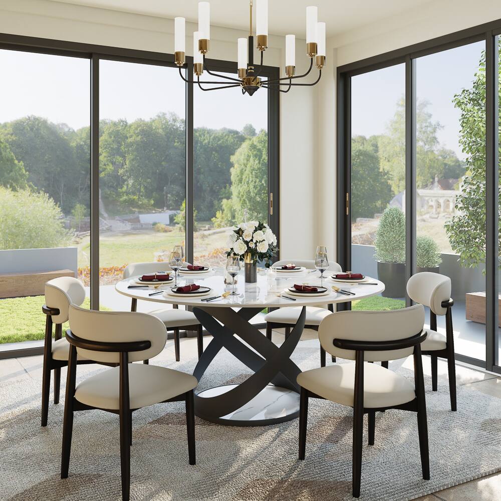 Angle. POVISON - 59" Modern Round White Glossy Dining Table for 6, Sintered Stone Tabletop with Black X Carbon Steel Base - White Glossy Sintered Stone with Black.