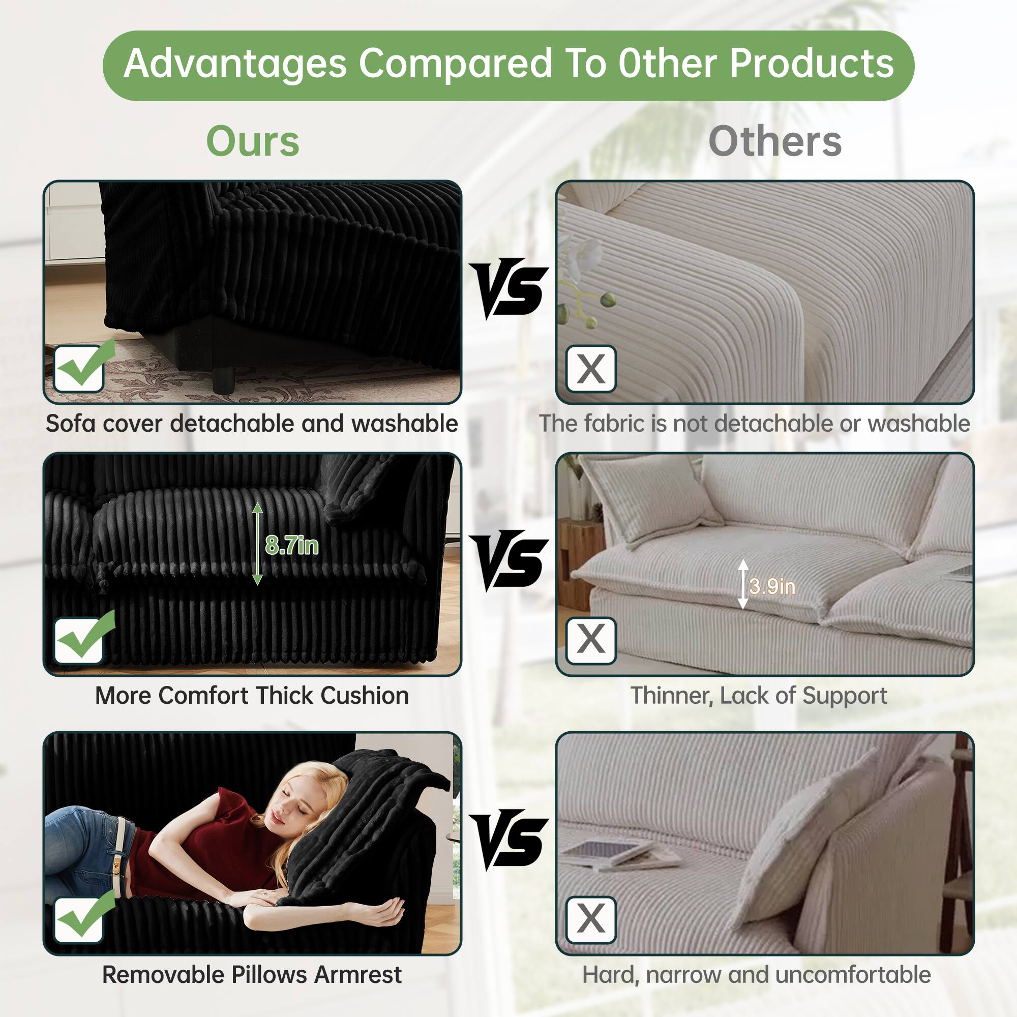 Advantages Compared To Other Products

Ours VS Others

- Sofa cover detachable and washable
  - The fabric is not detachable or washable

- More Comfort Thick Cushion
  - 8.7in VS 3.9in
  - Thinner, Lack of Support

- Removable Pillows Armrest
  - Hard, narrow and uncomfortable