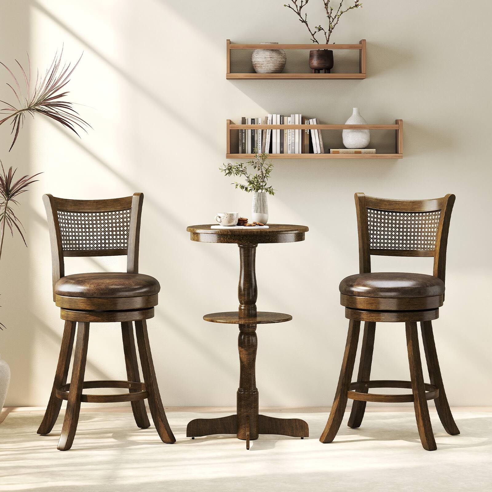 Alt View 4. Gymax - Gymax Set of 2 Bar Stools 25'' Swivel Bar Chairs w/ PE Rattan Backrest Counter Height - Brown.
