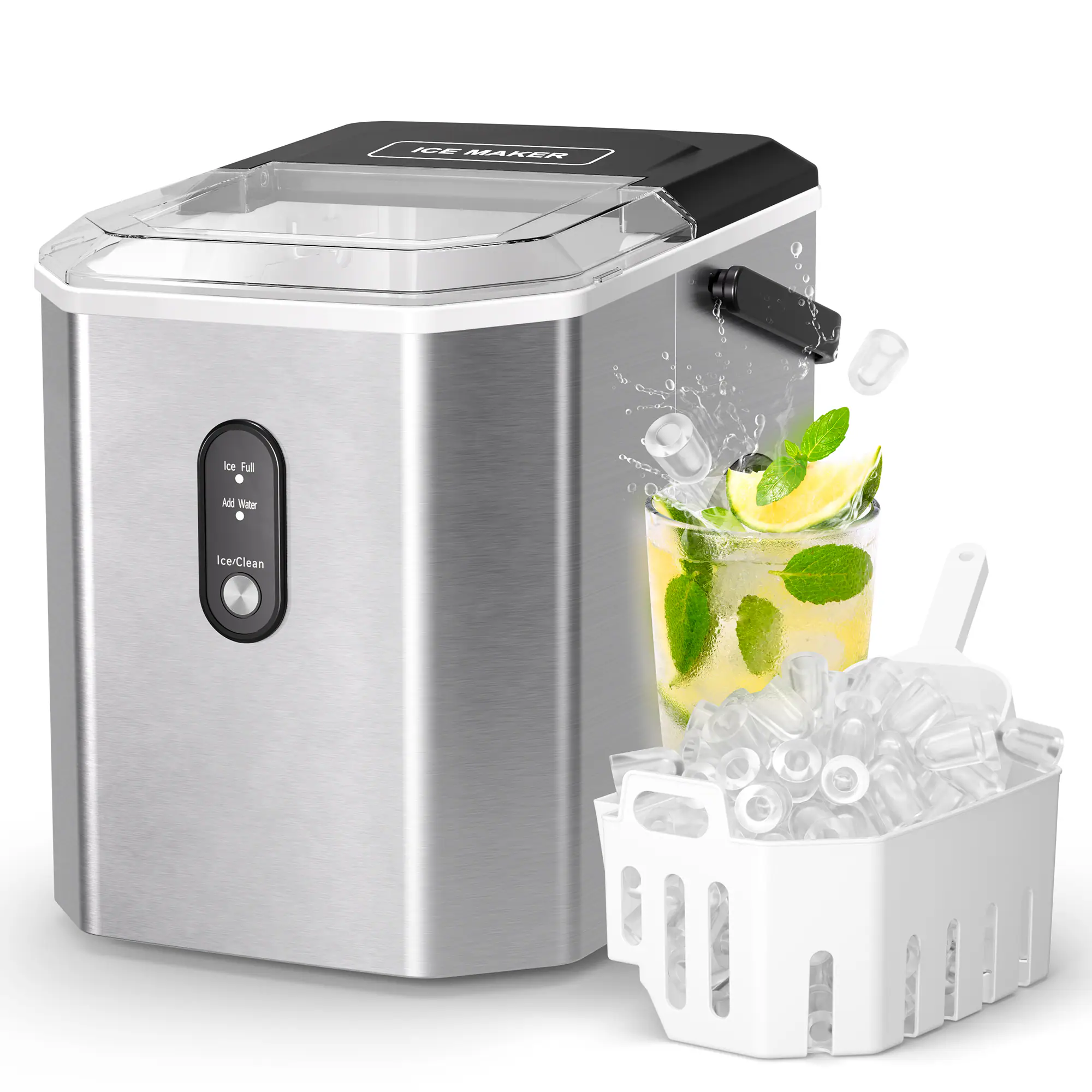 Sugift - Countertop Bullet Ice Maker with Self-Cleaning, 26 lbs Daily, Portable with Handle, Stainless Steel - Silver