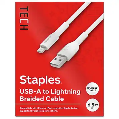 TECH 2V Staples
USB-A to Lightning Braided Cable
6.5FT (2M)
Compatible with iPhones, iPads, and other Apple devices supported by Lightning connections.
Braided Cable