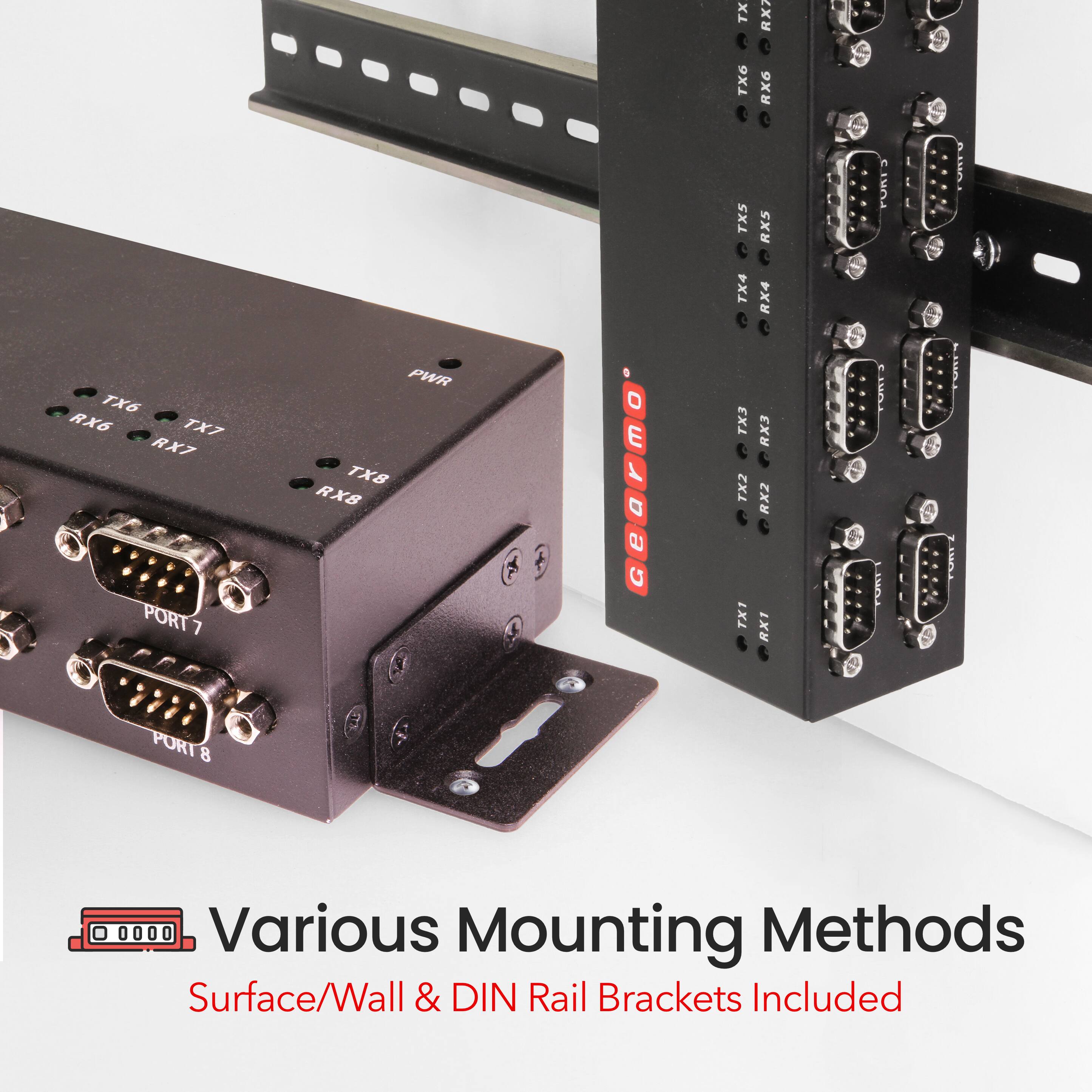 TX6 RX6 TX7 RX7  
TX8 RX8  
TX4 RX4 TX5 RX5  
TX3 RX3 TX2 RX2 TX1 RX1  

PORT 7  
PORT 8  

Various Mounting Methods  
Surface/Wall & DIN Rail Brackets Included