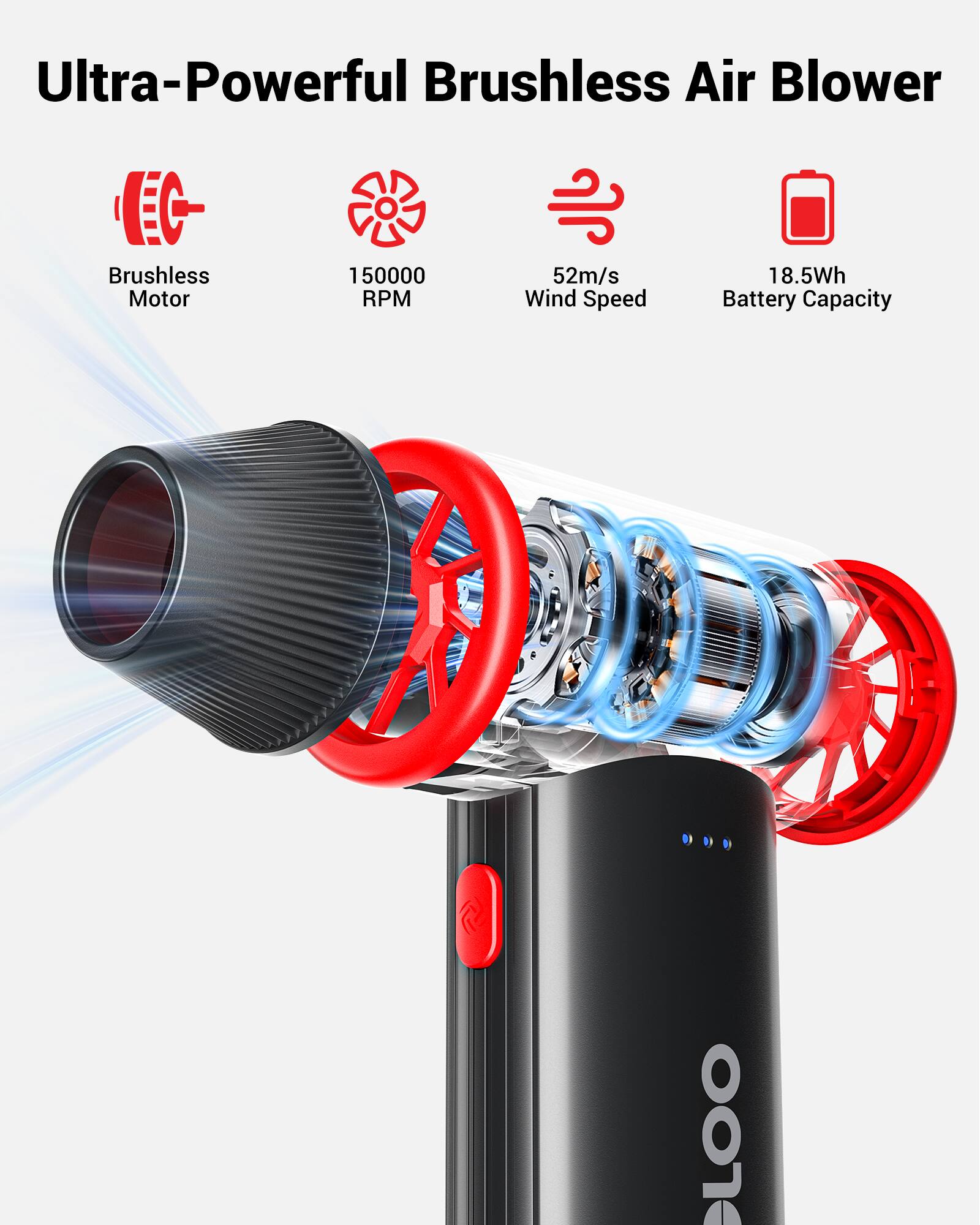 Ultra-Powerful Brushless Air Blower  
Brushless Motor  
150000 RPM  
52m/s Wind Speed  
18.5Wh Battery Capacity  
2 LOO