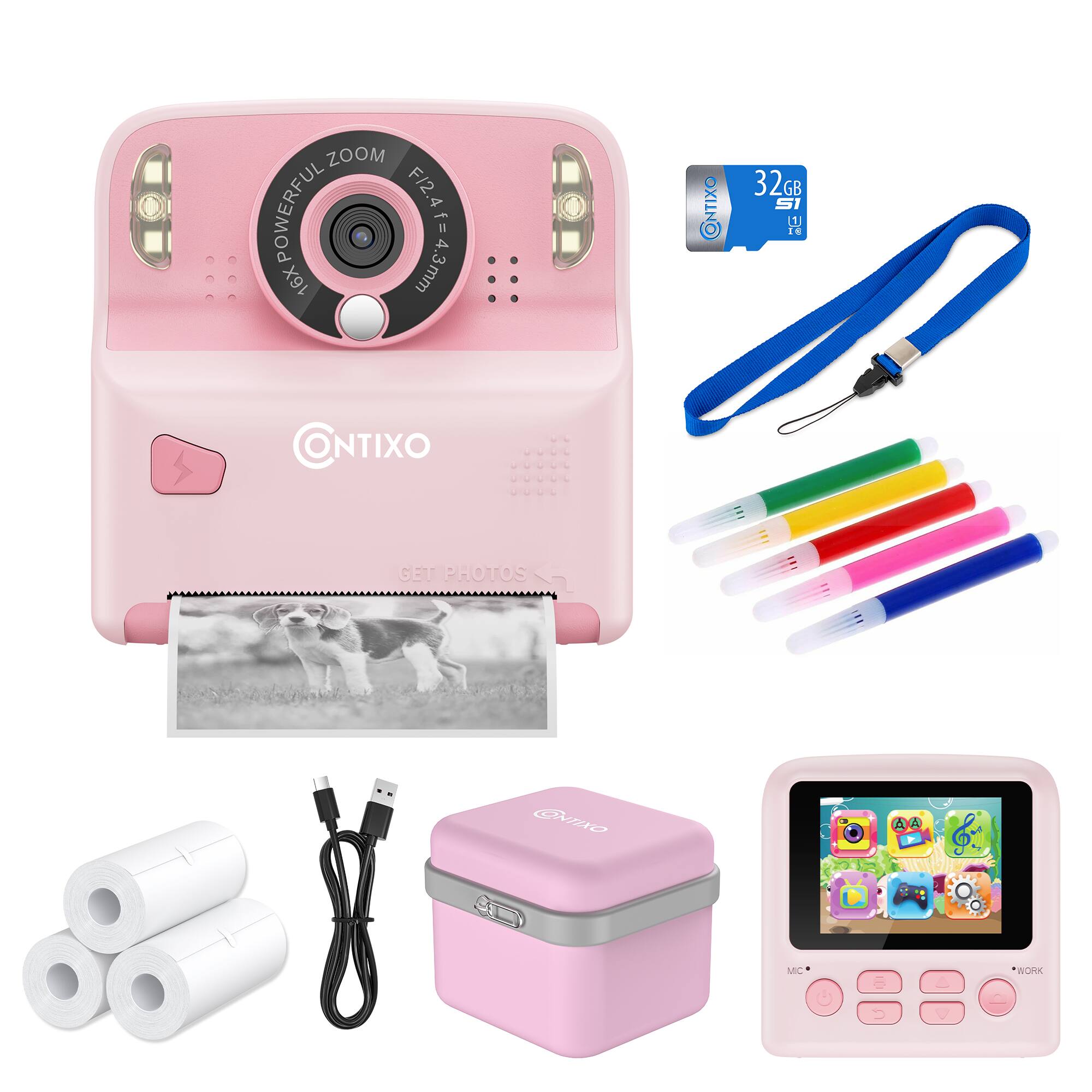 The image features a pink Contixo camera with a zoom lens, along with a variety of accessories and items. The camera is accompanied by a pink case, a pink strap, and a pink lanyard. There are also several pens and a book included in the package. The camera is set up and ready to use, making it an ideal choice for capturing memories and moments.
