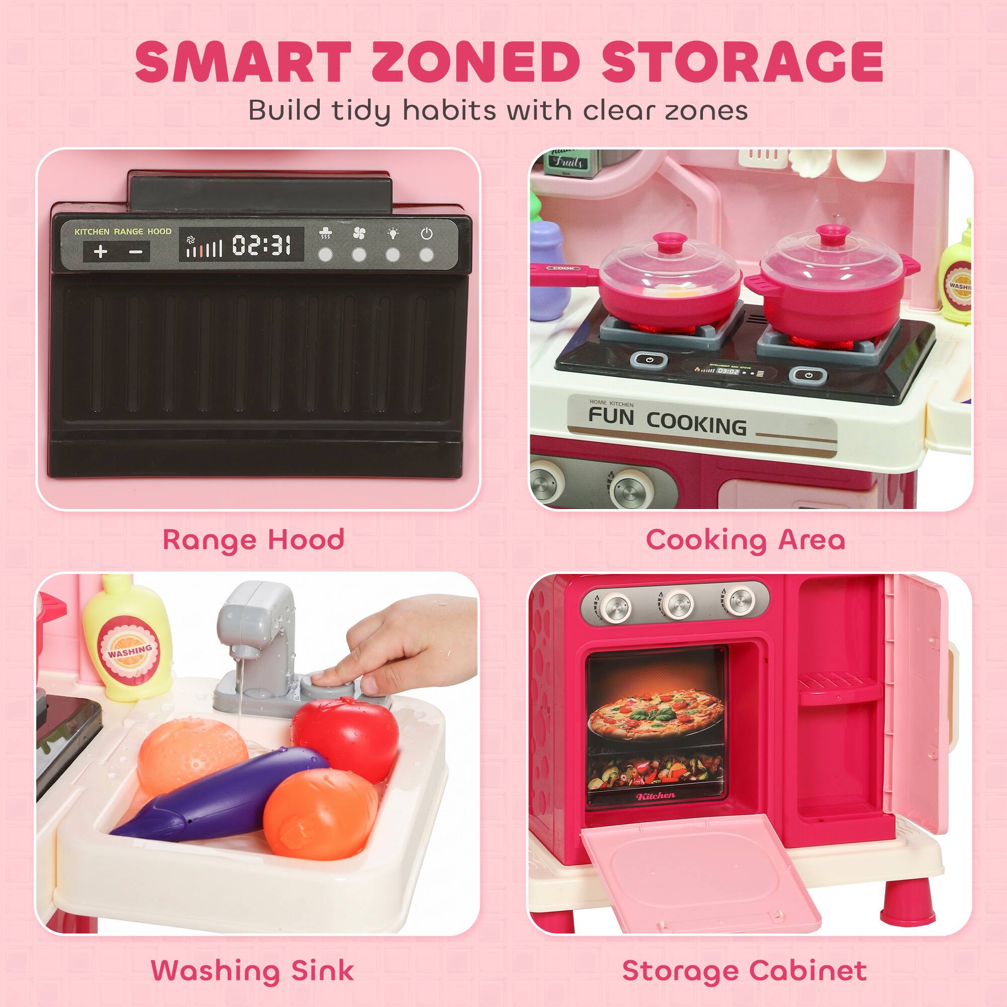 SMART ZONED STORAGE  
Build tidy habits with clear zones

- Range Hood
- Cooking Area
- Washing Sink
- Storage Cabinet