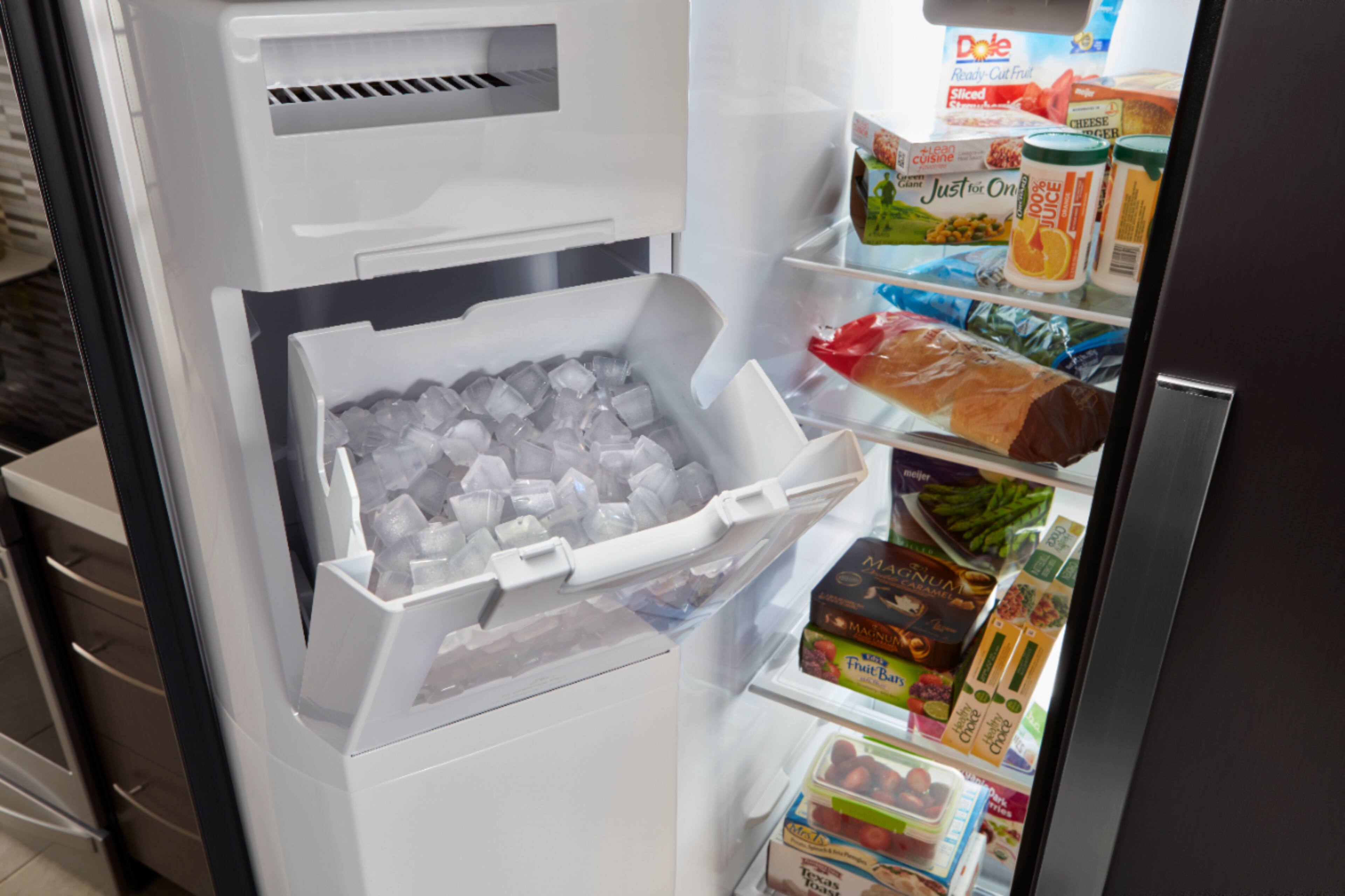 The image features a full-size refrigerator with a water dispenser on the door. The water dispenser has a 3-ounce dispense unit and offers options for ice type, temperature, and measured lock. The dispenser also has a light that indicates when it is on or dim, and it can dispense cubed or crushed ice. The refrigerator is equipped with a back unit that allows for easy access to the water dispenser.
