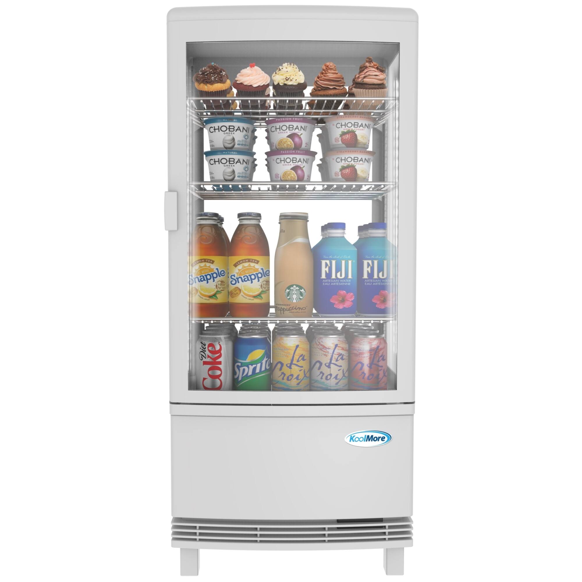The image features a refrigerator with various drinks and desserts inside. There are multiple bottles of drinks, including Snapple, Coke, Sprite, and Fiji water. The refrigerator also contains a variety of desserts, such as cupcakes and yogurt. The arrangement of the items in the refrigerator is organized, making it easy to find and access the desired items.