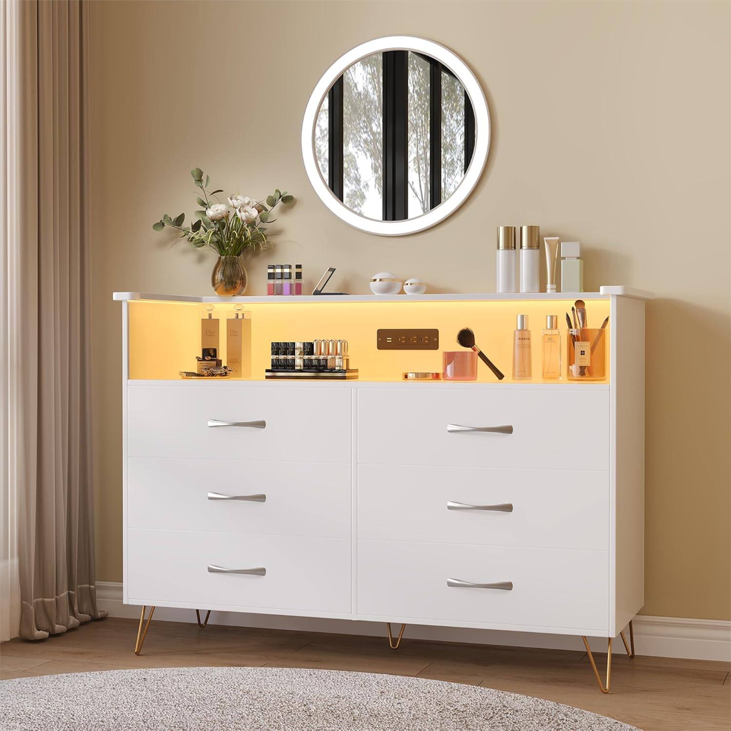 Angle. GARVEE - Modern White 6-Drawer Dresser with RGB LED Lights, Large Storage Chest for Bedroom, Entryway, Living Room - White.