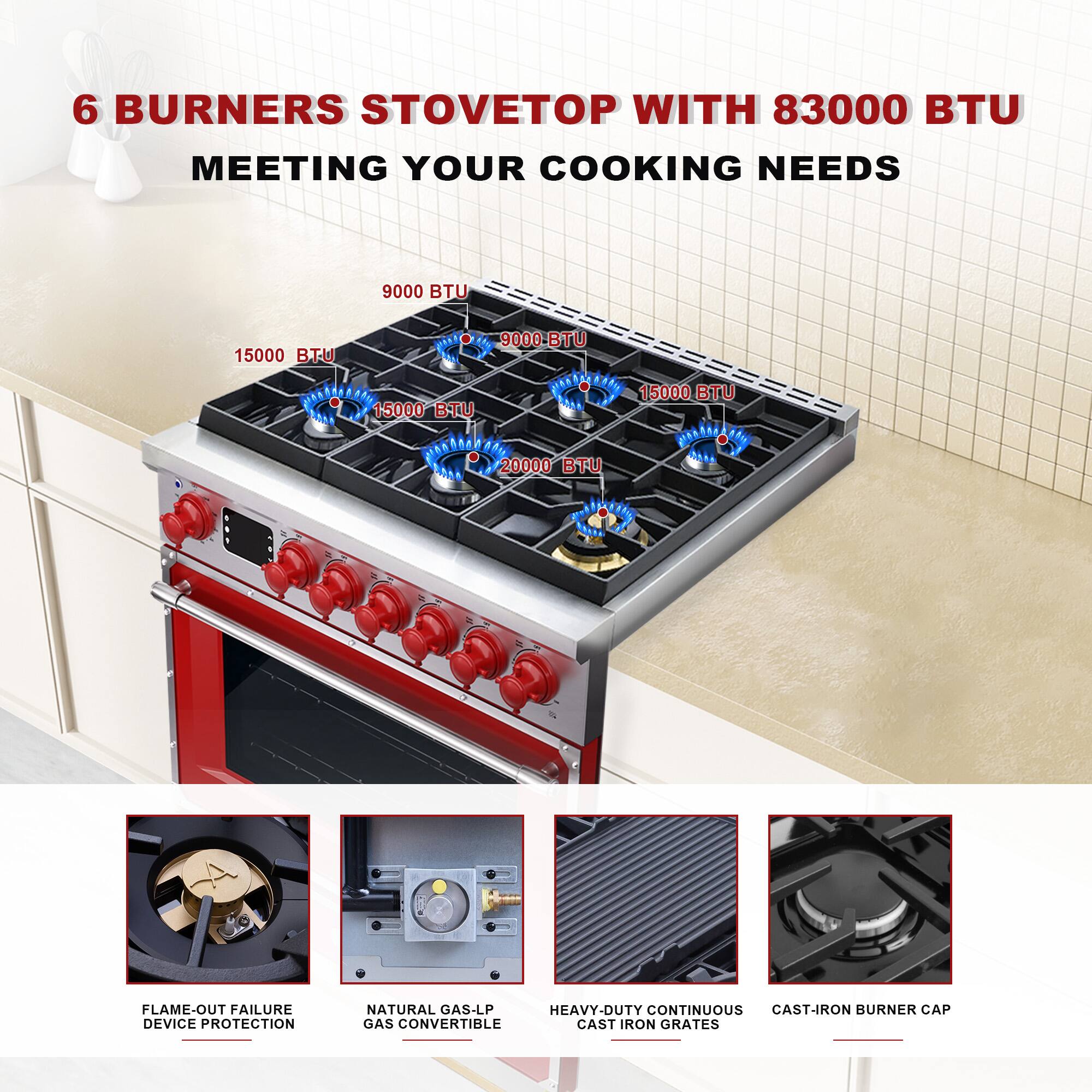 6 Burners Stovetop with 83000 BTU Meeting Your Cooking Needs

9000 BTU  
15000 BTU  
9000 BTU  
15000 BTU  
15000 BTU  
20000 BTU  

Flame-Out Failure Device Protection  
Natural Gas-LP Gas Convertible  
Heavy-Duty Continuous Cast-Iron Grates  
Cast-Iron Burner Cap