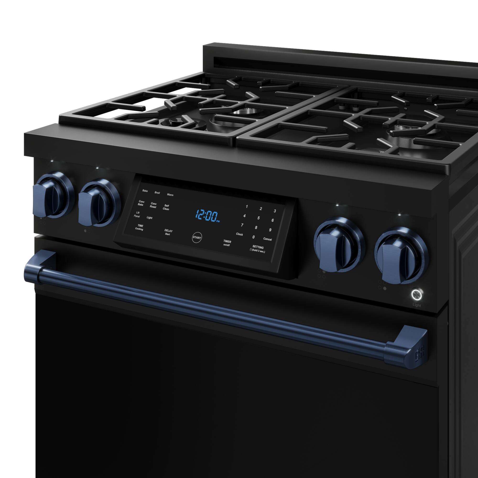 The image shows a black stove top oven with a digital display on the front. The display shows the time as 12:00. The oven has a blue knob on the front, and it is likely a modern and advanced appliance.