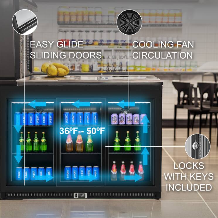 EASY GLIDE SLIDING DOORS  
COOLING FAN CIRCULATION  
36°F - 50°F  
LOCKS WITH KEYS INCLUDED