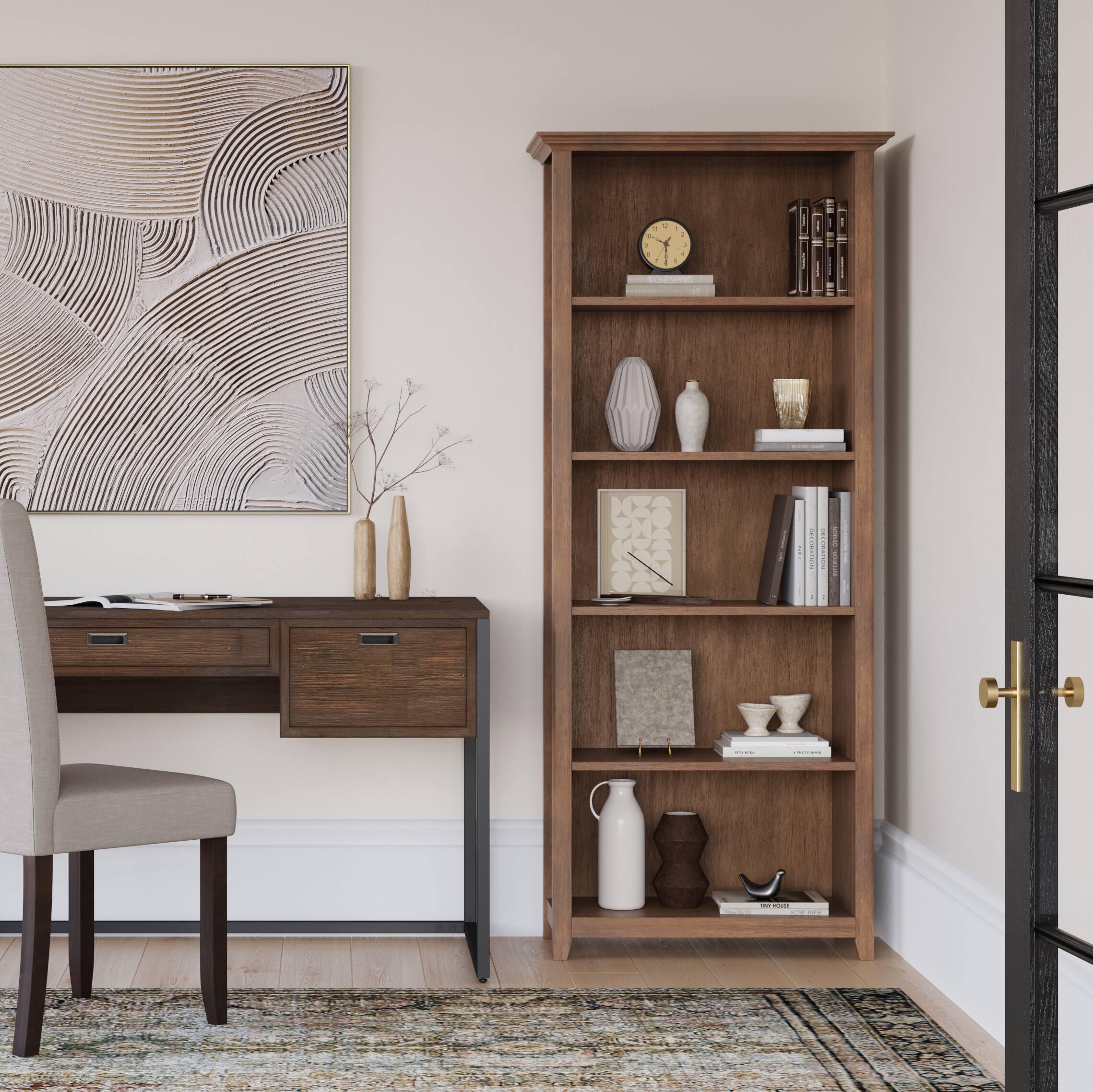 Angle. Simpli Home - Amherst 30 inch Wide Solid Wood Transitional 5 Shelf Bookcase in Rustic Natural Aged Brown - Rustic Natural Aged Brown.