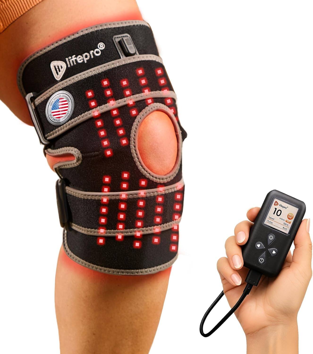 LifePro - BioRecover Red Light Therapy Knee Brace - Portable 660nm & 850nm Infrared Knee Massager with Vibration - Black