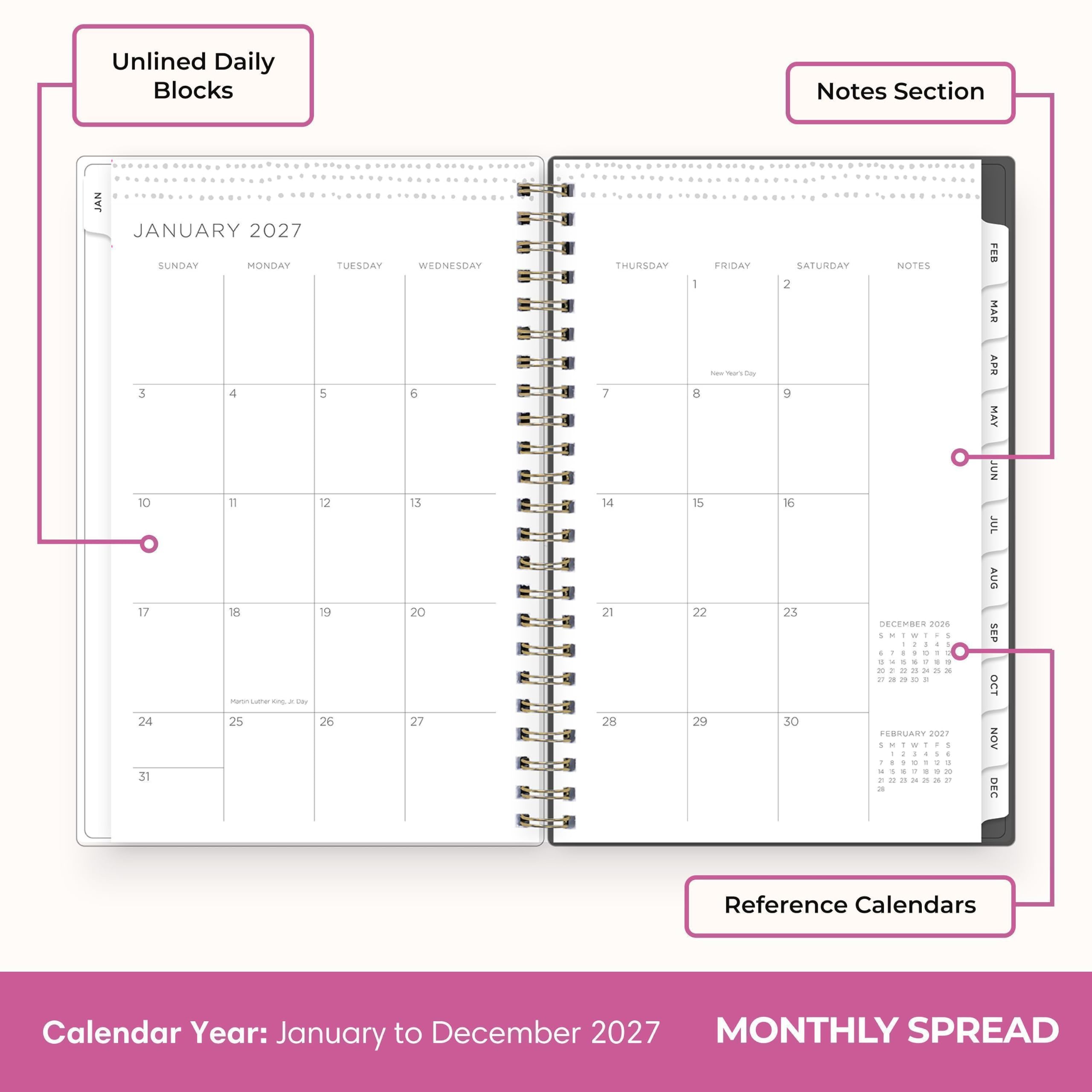 Unlined Daily Blocks

Notes Section

JANUARY 2027
SUNDAY MONDAY TUESDAY WEDNESDAY THURSDAY FRIDAY SATURDAY NOTES
3 4 5 6 7 8 9
10 11 12 13 14 15 16
17 18 19 20 21 22 23
24 25 26 27 28 29 30
31

Martin Luther King, Jr. Day

DECEMBER 2026
SUN MON TUE WED THU FRI SAT
1 2 3 4 5 6 7
8 9 10 11 12 13 14
15 16 17 18 19 20 21
22 23 24 25 26 27 28
29 30 31

FEBRUARY 2027
SUN MON TUE WED THU F