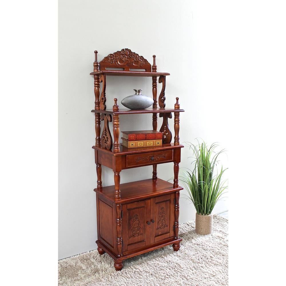 Angle. International Caravan - International Caravan Carved Wood 1 Drawer/2 Door Bookshelf - Brown Stain.