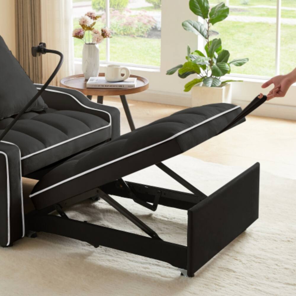Left. LUCKY ONE - 3-in-1 Convertible Sleeper Sofa Chair Bed w/ USB Type-C Phone Holder Side Pockets - Black.