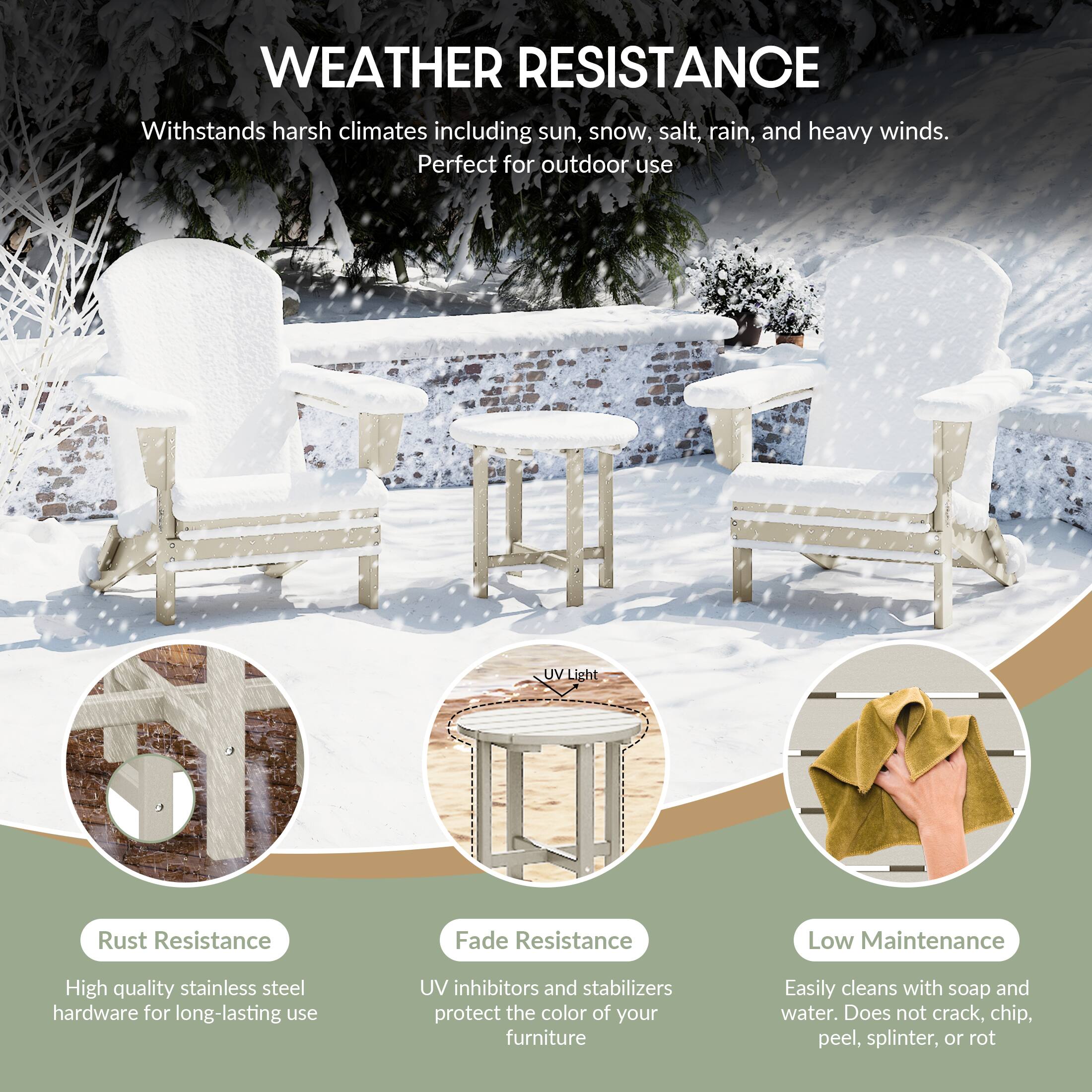 WEATHER RESISTANCE  
Withstands harsh climates including sun, snow, salt, rain, and heavy winds.  
Perfect for outdoor use  

- Rust Resistance  
  High quality stainless steel hardware for long-lasting use  

- Fade Resistance  
  UV inhibitors and stabilizers protect the color of your furniture  

- Low Maintenance  
  Easily cleans with soap and water. Does not crack, chip, peel, splinter, or rot