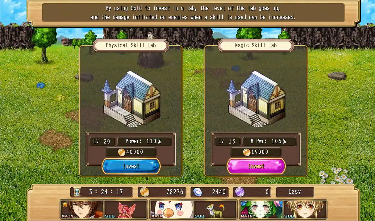 By using Gold to invest in a lab, the level of the lab goes up, and the damage inflicted on enemies when a skill is used can be increased.

Physical Skill Lab
- LV 20
- Power: 110%
- 40000
- Invest

Magic Skill Lab
- LV 13
- M Pwr: 106%
- 19000
- Invest

3 : 24 : 17
78276
2440
0
Easy

MAIN SUB MAIN SUB MAIN SUB
