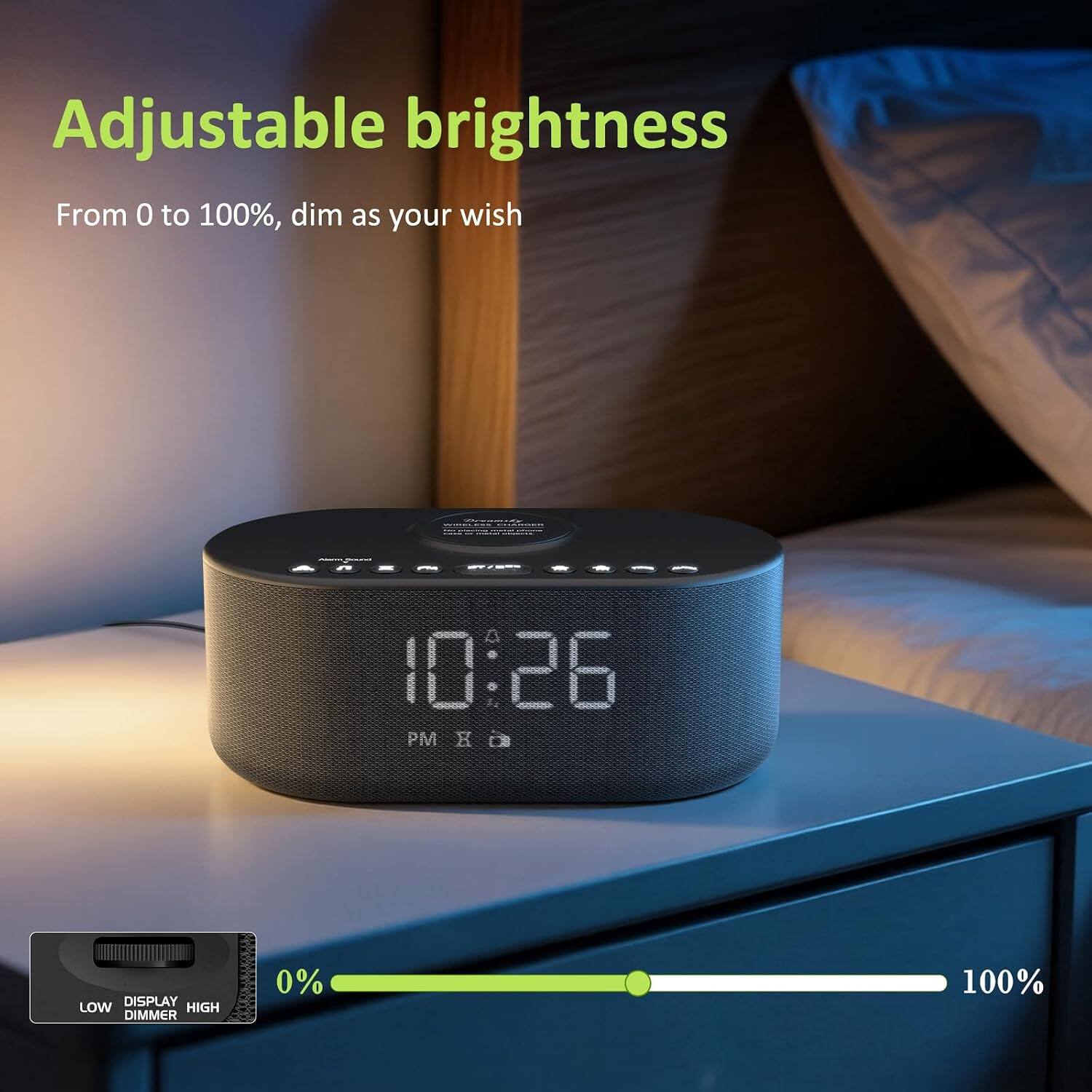 Adjustable brightness  
From 0 to 100%, dim as your wish  

THERED  
25:01 PM X a  

DISPLAY LOW HIGH DIMMER  
0%  
100%