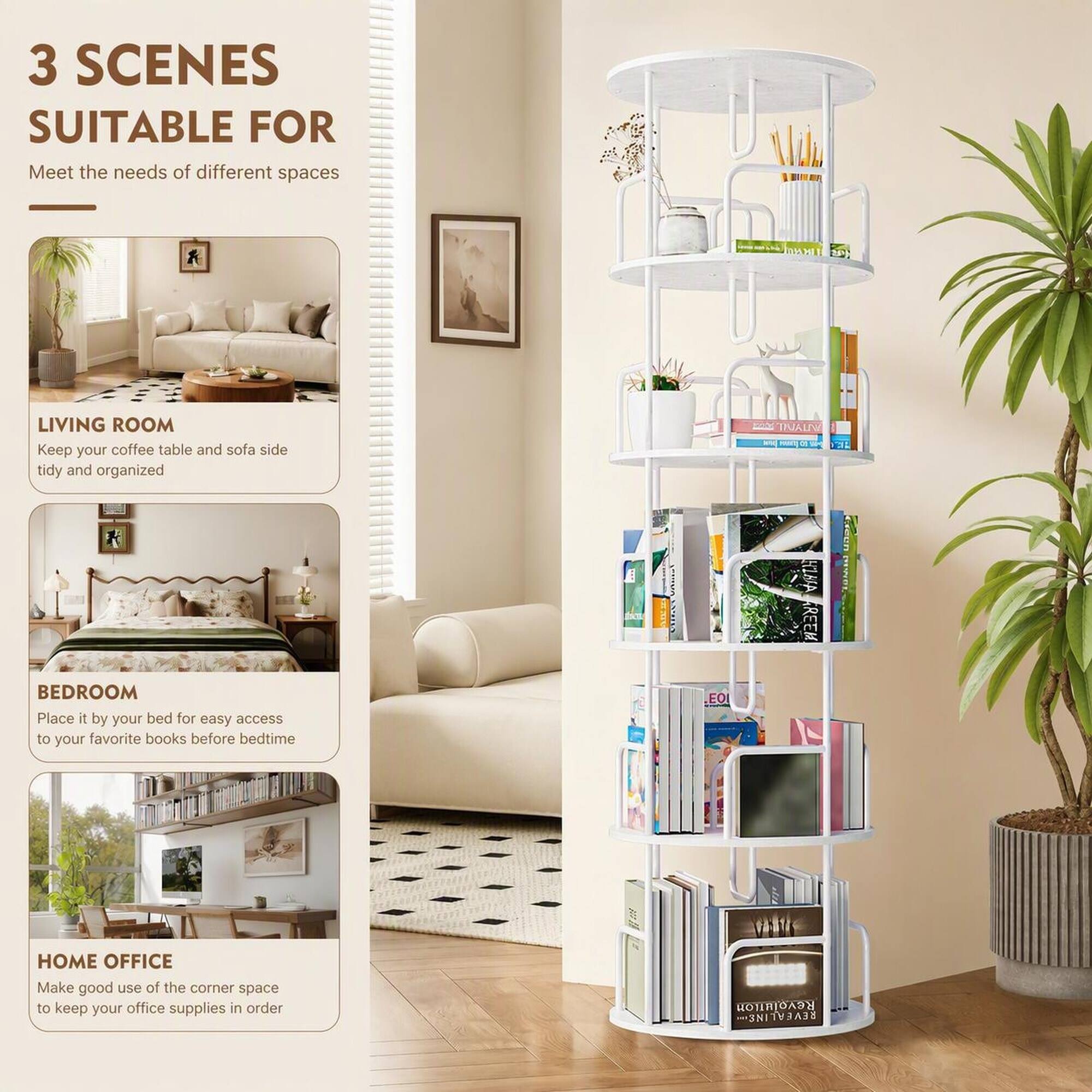3 SCENES  
SUITABLE FOR  
Meet the needs of different spaces

LIVING ROOM  
Keep your coffee table and sofa side tidy and organized

BEDROOM  
Place it by your bed for easy access to your favorite books before bedtime

HOME OFFICE  
Make good use of the corner space to keep your office supplies in order