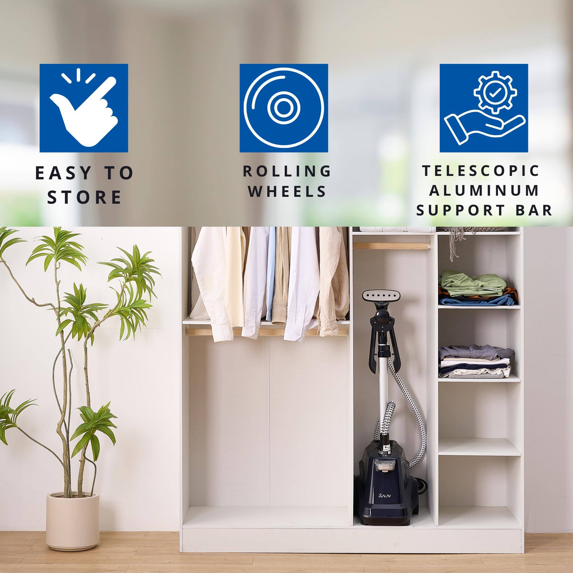 EASY TO STORE, ROLLING WHEELS, TELESCOPIC ALUMINUM SUPPORT BAR, SNUN