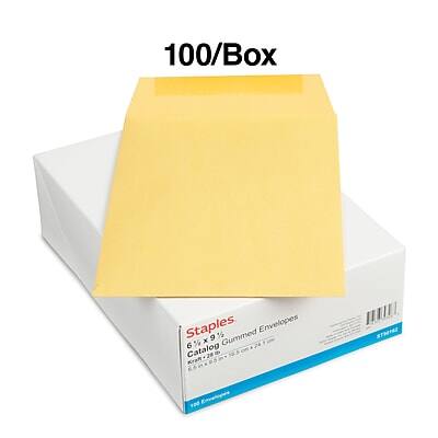 100/Box  
Staples  
6 x 9% Catalog Gummed Envelopes  
Kraft  
120