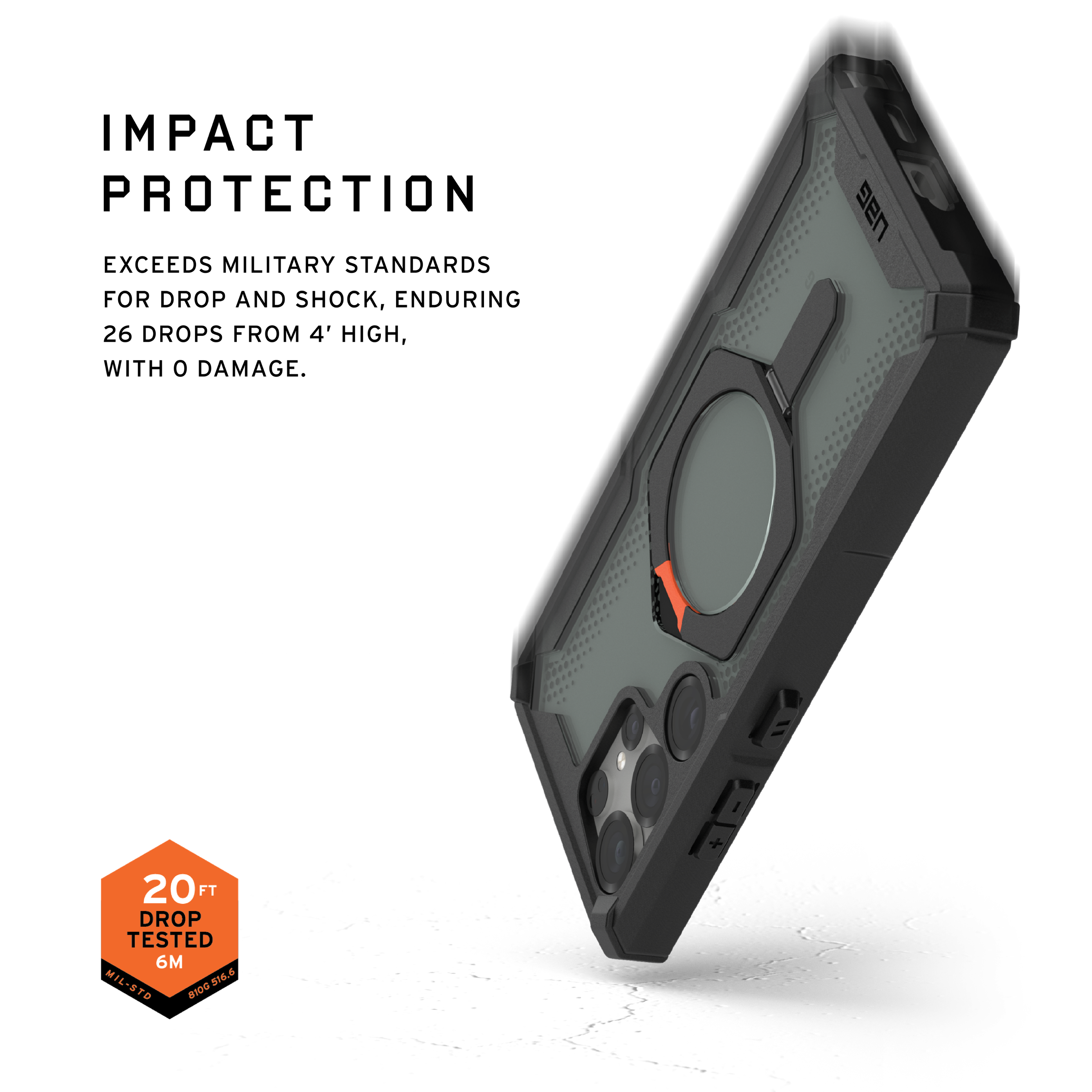 The text on the image reads: "Impact Protection: Exceeds Military Standards for Drop and Shock, Enduring 26 Drops from 6.6 Feet with Damage."