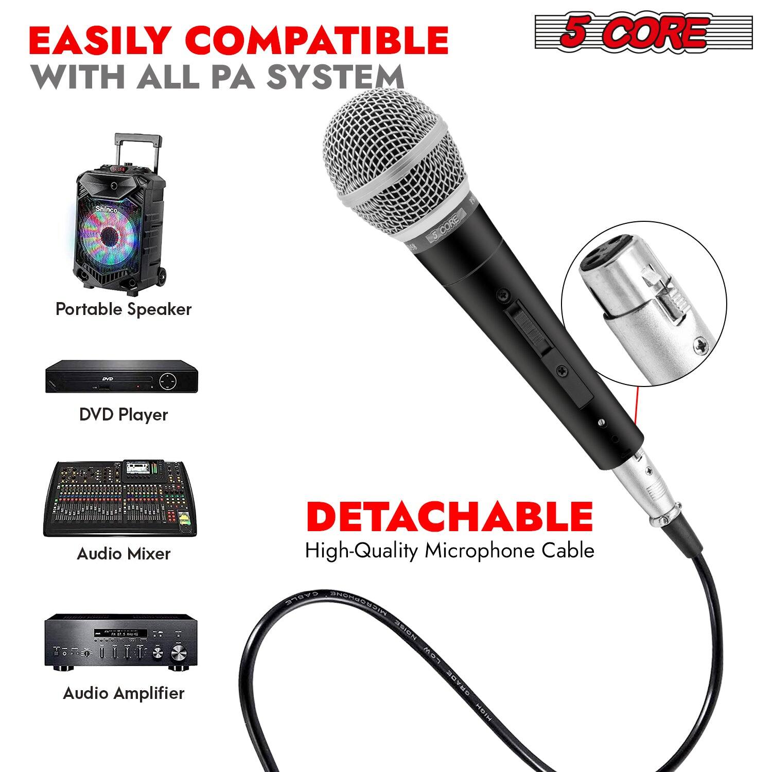 Easily compatible with all PA systems, this 5-core portable speaker setup includes a DVD player, audio mixer, audio amplifier, and a detachable high-quality microphone cable.