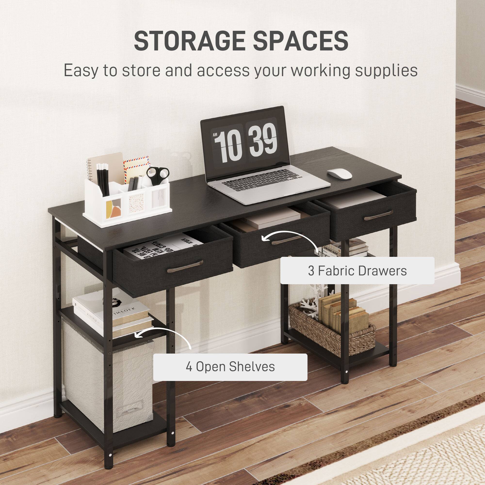STORAGE SPACES Easy to store and access your working supplies 3 Fabric Drawers 4 Open Shelves AM 10 39
